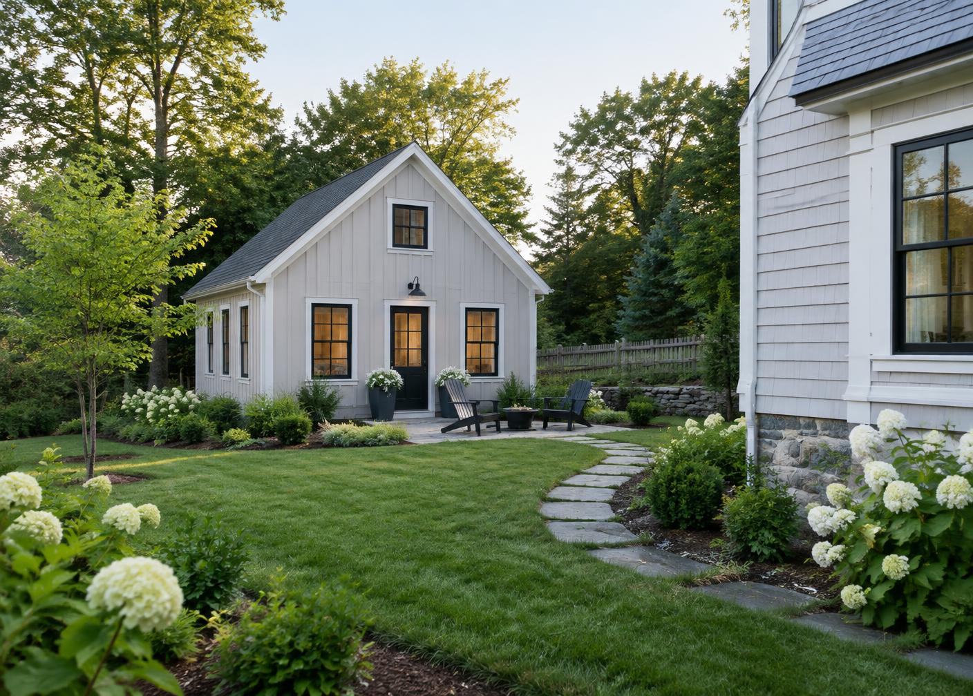 Detached accessory dwelling unit cottage behind a New England home