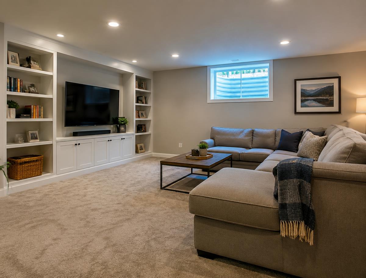 Finished basement family room with built-in shelving