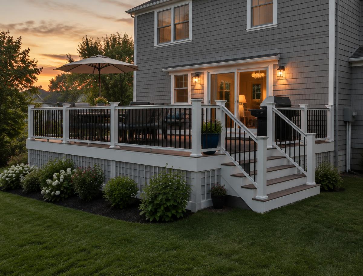 Custom composite deck with white railings at dusk
