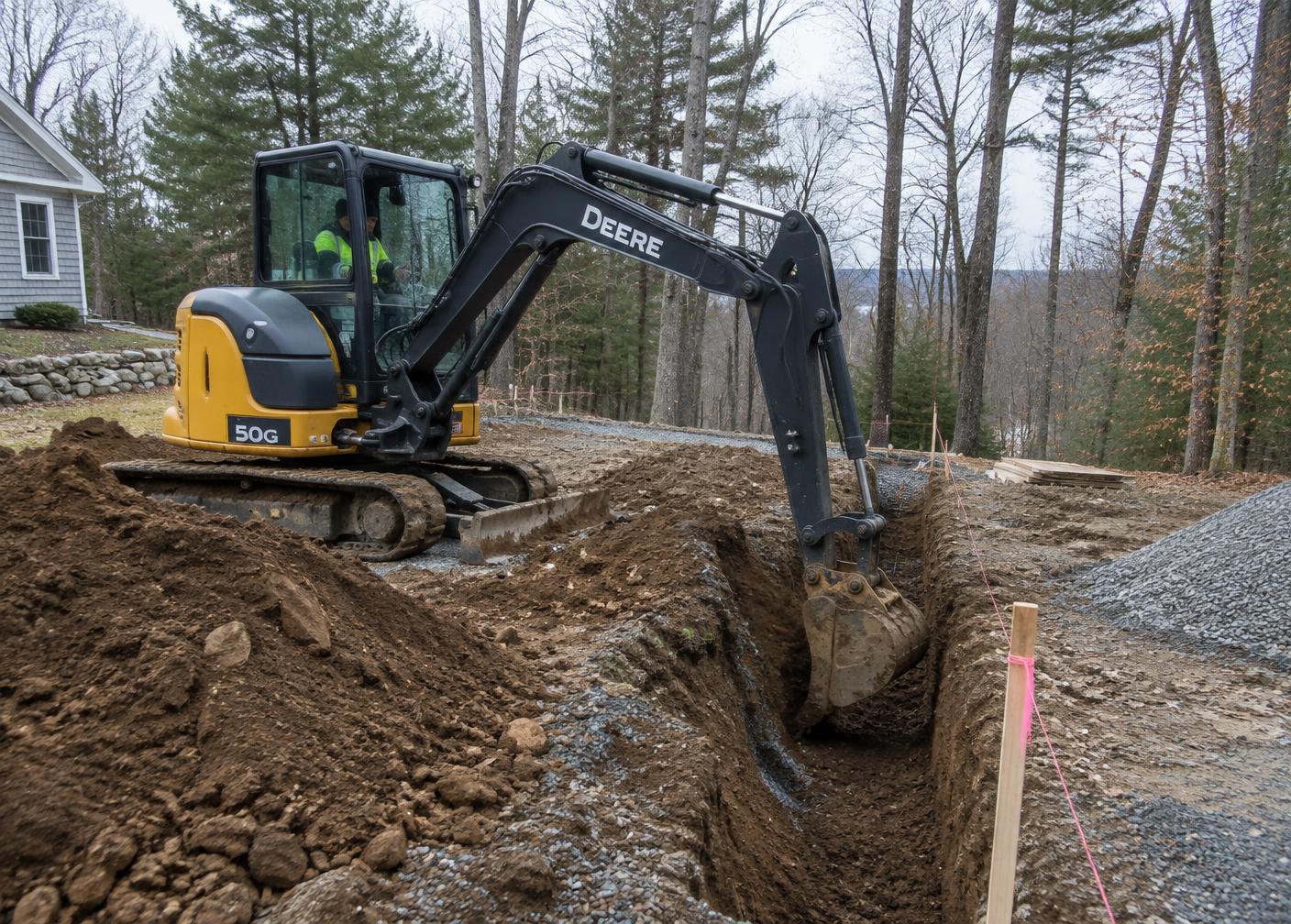 Compact excavator digging footings on a residential site