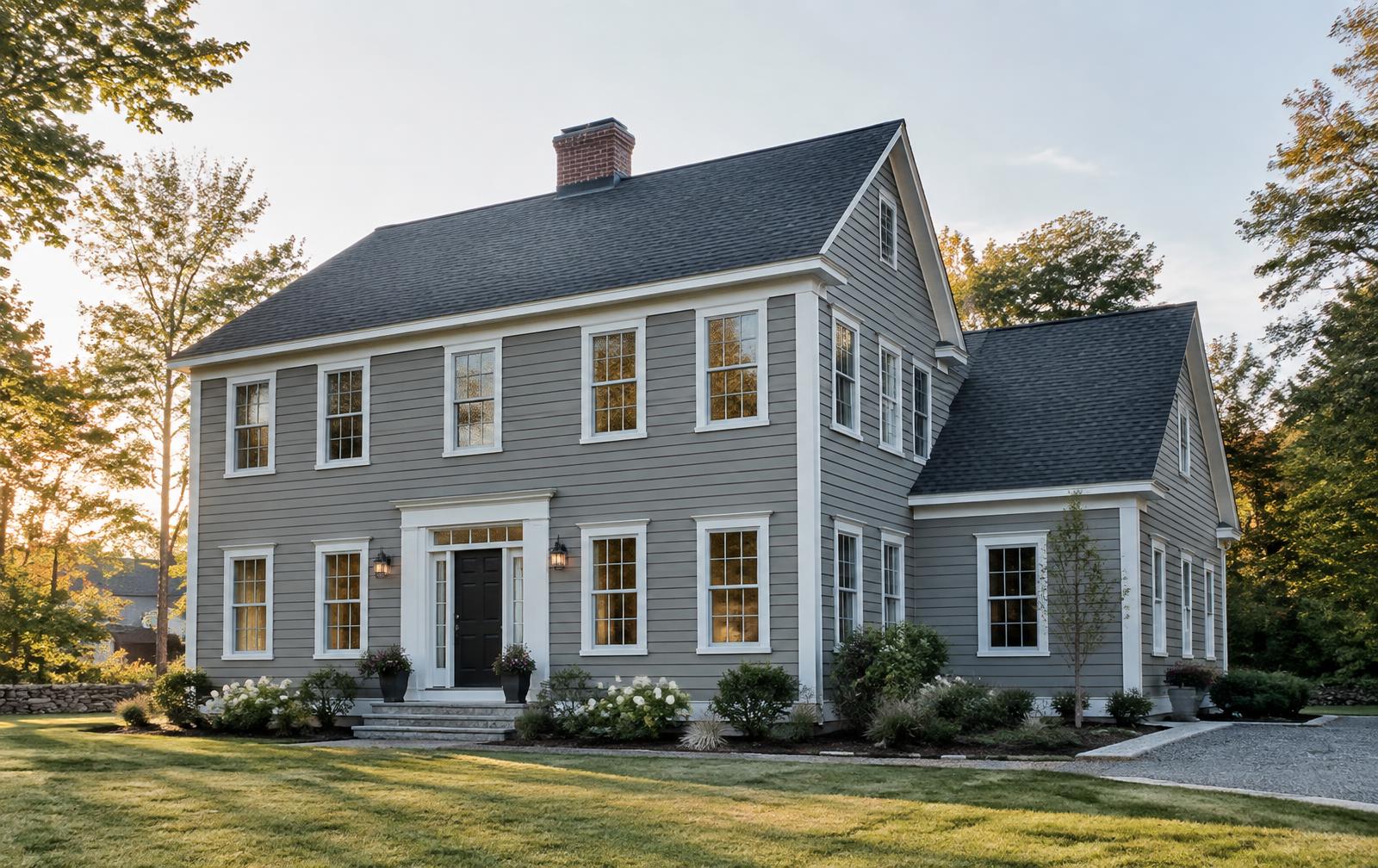 Newly built gray colonial home in Massachusetts