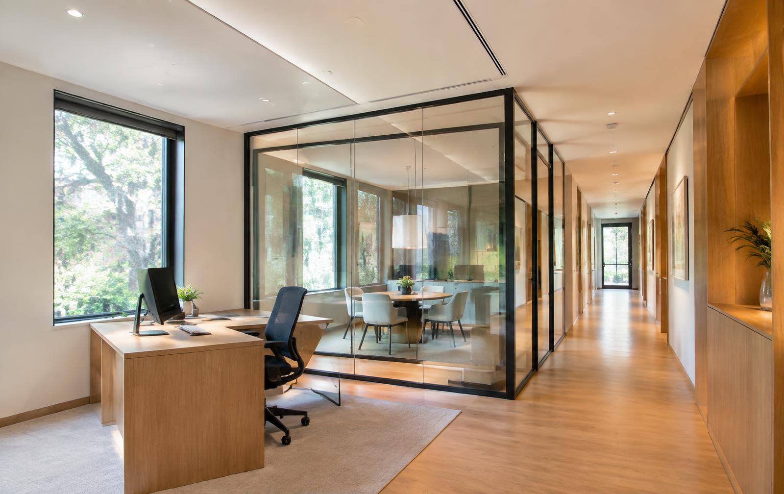 Renovated commercial office interior with glass partitions