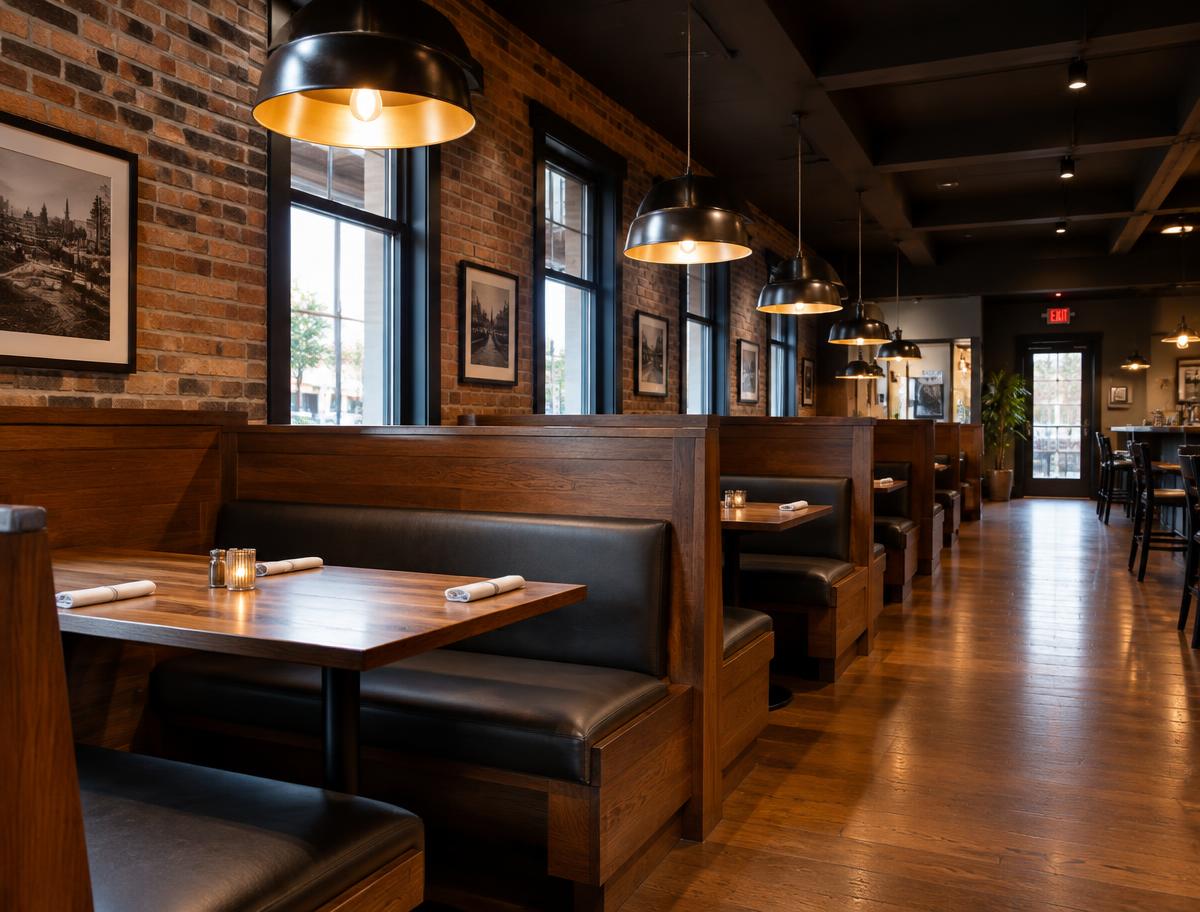 Example restaurant renovation with wood booths and brick wall