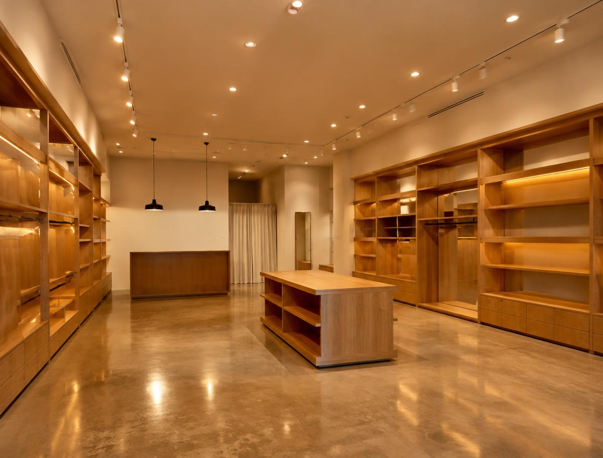Completed retail buildout interior with wood shelving